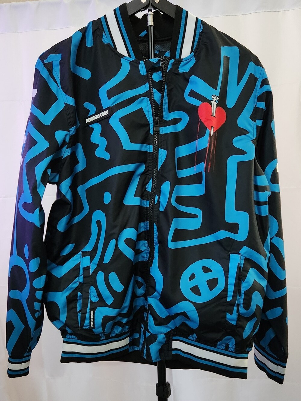 Members Only Black Bomber Jacket w/ Keith Haring Artist Collab Graphic Design